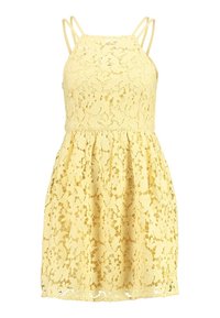 Korsetti mekko vaaleankeltaisena, jossa on istuva yläosa ja levenevä hame. Sisältää herkkiä kukkakuvioita, säädettävät spagettiolkaimet ja aaltoilevan helman.
