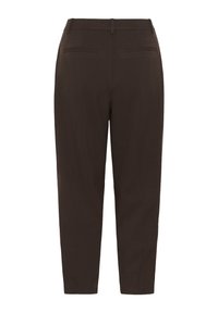 Pantalon sur mesure marron foncé vu de dos avec passants de ceinture et deux poches passepoilées horizontales.