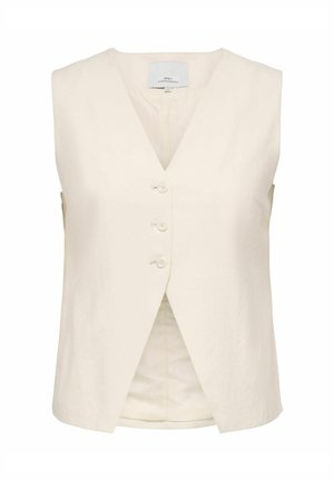 Ermeløs kremfarget vest med V-hals, tre knapper foran og skreddersydd passform, merket "Only Carmakoma" på innsiden av kragen.