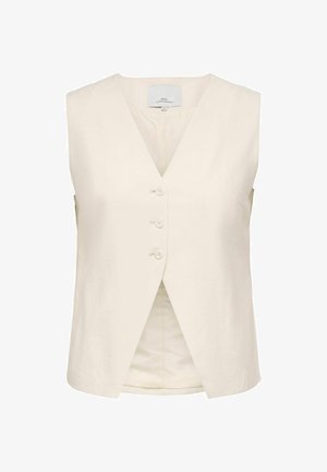 Ermeløs kremfarget vest med V-hals, tre knapper foran og skreddersydd passform, merket "Only Carmakoma" på innsiden av kragen.