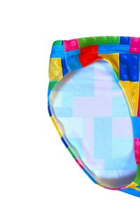 Swim briefs in a vibrant multicolor design, featuring geometric block patterns and textured dots. Made of soft, stretchy fabric.