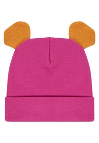 Berretto di lana rosa con orlo piegato e due orecchie di orso gialle in cima. Texture liscia, forma arrotondata. Adatto per un abbigliamento casual.