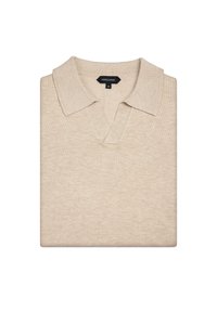 Beżowy sweter z dzianiny z kołnierzykiem i dekoltem w kształcie V, charakteryzujący się miękką teksturą i subtelna wariacją kolorów. Widoczna metka rozmiaru M.