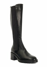 Zwarte kniehoge laars van glad leer met een blokhak. Voorzien van elastische zijpanelen en een gestructureerde zool voor grip.