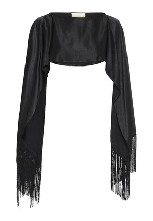 Bolero in raso nero con maniche lunghe drappeggiate e rifiniture con frange alle estremità, progettato per abbigliamento formale o da sera.