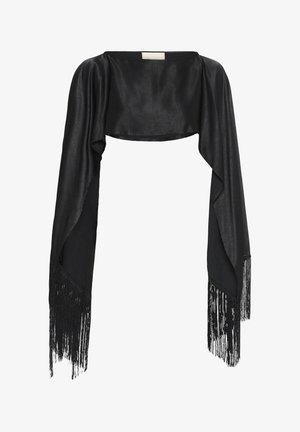 Fekete szatén bolero hosszú, redőzött ujjakkal és rojtos szegéllyel az ujjak végén, alkalmi vagy esti viseletre tervezve.