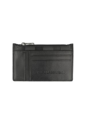 Black leather cardholder with zipper compartment and three card slots embossed with "KARL LAGERFELD" logo on front.