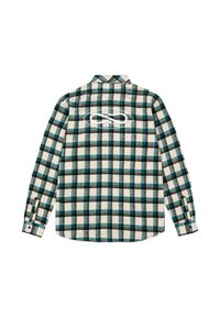 Camicia a maniche lunghe scozzese con quadri blu, neri e bianchi, con polsini abbottonati e una grafica di simbolo dell'infinito bianco sulla schiena.