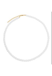 Collana di perle bianche con un filo di perle rotonde uniformi e un fermo in oro. Presenta una catena di estensione per una lunghezza regolabile.