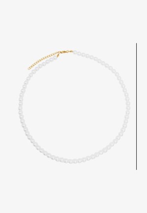 Weißes Perlen-Halsband mit einer Reihe einheitlicher runder Perlen und einem goldenen Verschluss. Verfügt über eine Verlängerungskette für verstellbare Länge.