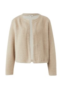 Beige Strickjacke mit strukturiertem Muster, offenem Vorderteil, Rundhalsausschnitt und langen Ärmeln. Weiches Material mit lockerer Passform.