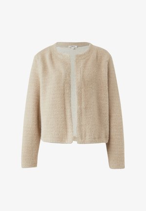 Beżowy dziergany kardigan z fakturowanym wzorem, z otwartym przodem, okrągłym dekoltem i długimi rękawami. Miękki materiał o luźnym kroju.