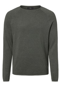 Pull en maille à manches longues de couleur vert olive foncé avec un col rond et un tissu texturé, taille moyenne.