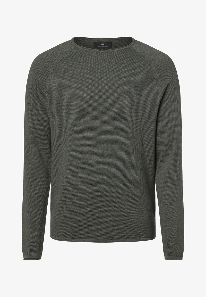 Pull en maille à manches longues de couleur vert olive foncé avec un col rond et un tissu texturé, taille moyenne.