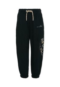 Pantalon de surv êtement noir avec taille élastique et cordon de serrage. Orné d'embellissements dorés et argentés sur une jambe. Poignets aux chevilles. Matière douce.