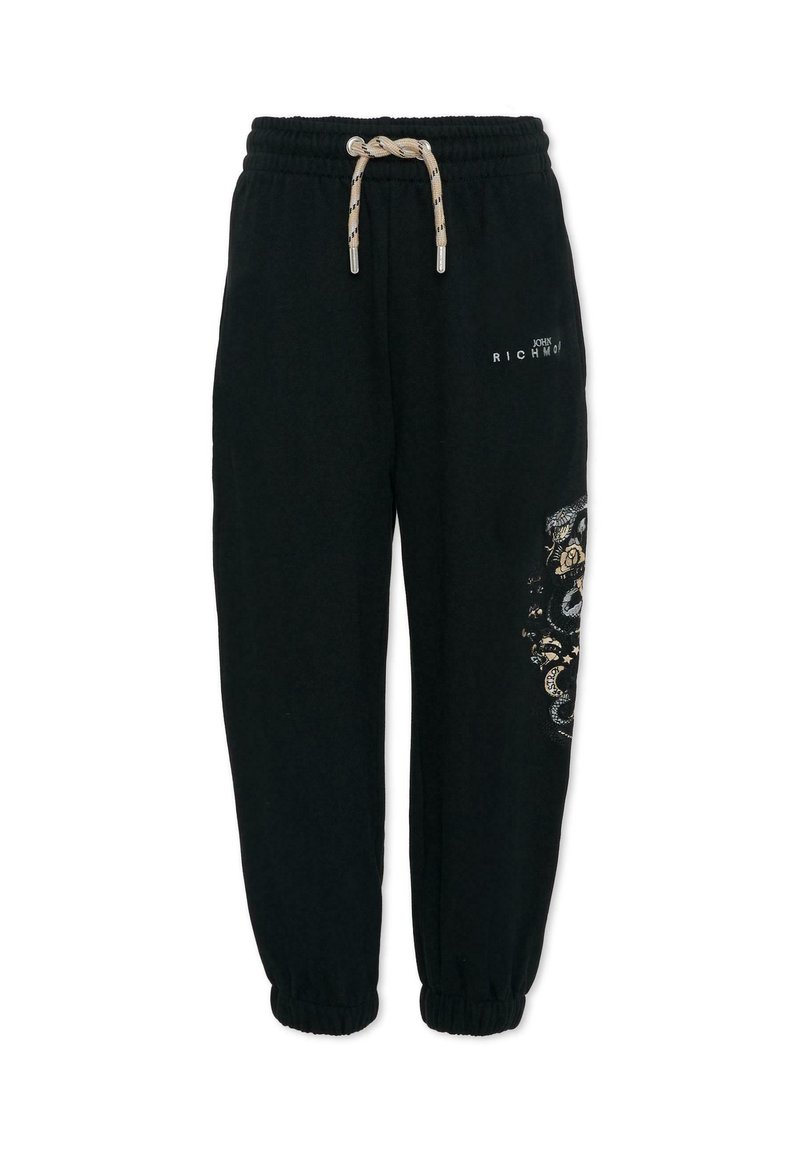 Pantalon de survêtement noir avec taille élastique et cordon de serrage. Orné d'embellissements dorés et argentés sur une jambe. Poignets aux chevilles. Matière douce.