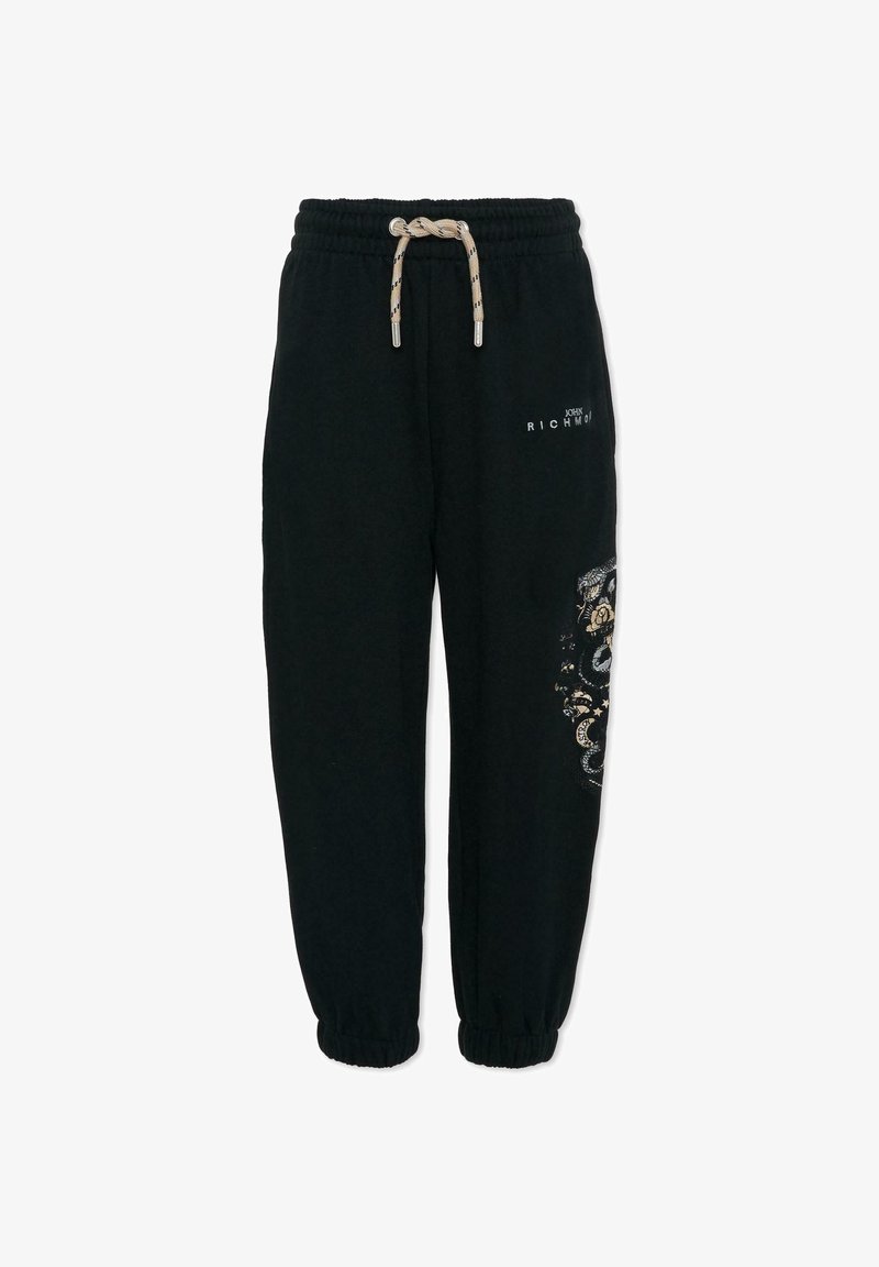 Pantaloni della tuta neri con vita elastica e coulisse. Presentano decorazioni in oro e argento su una gamba. Polsini alla caviglia. Materiale morbido.