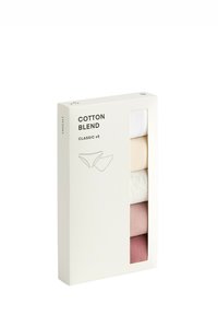 Cotton blend underwear pack with five pairs in various colors: white, light pink, beige, heather grey, and rose, presented in a white box.