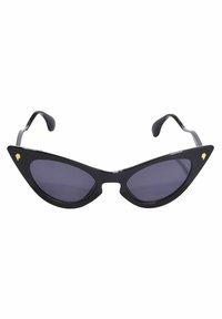 Kissansilmät aurinkolasit, joissa on kiiltävä musta muovikehys, tummat linssit ja kultaiset salamakuvioiset yksityiskohdat reunoilla.