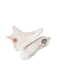Zapatillas altas de lona rosa con suelas de goma blancas, que presentan un parche de logo circular y un suave forro de piel alrededor del collar.