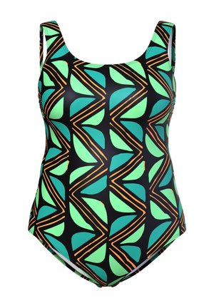 Bañador de una pieza en negro, con un patrón geométrico de hojas verdes y líneas naranjas, con tirantes anchos y una tela suave y elástica.