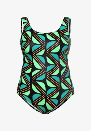 Bañador de una pieza en negro, con un patrón geométrico de hojas verdes y líneas naranjas, con tirantes anchos y una tela suave y elástica.