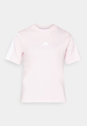 T-shirt a maniche corte rosa chiaro in cotone. Presenta un logo triangolare bianco sul petto e strisce bianche sulle spalle.
