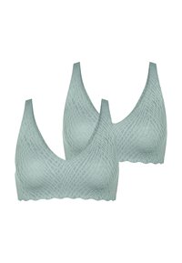 Light green bralette set featuring a textured pattern, v-neck design, and scalloped edges, made from a soft, stretchable fabric.