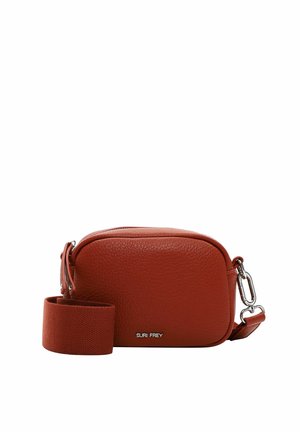 Red leather crossbody bag with a textured finish, oval shape, zip closure, adjustable fabric strap, and silver hardware accents.