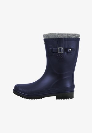 Navy blue waterproof rain boot with textured sole, decorative side buckle, and grey knitted cuff lining inside the shaft.
