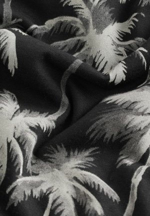 Black fabric featuring a palm tree pattern in light gray. The material has a smooth texture and drapes softly.