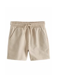 Beige cotton shorts featuring an elastic waistband with a drawstring, two side pockets, and a smooth texture. Casual, knee-length design.