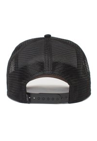 Black mesh cap with an adjustable strap. Features a structured design and textured surface, showcasing ventilation and a sleek silhouette.