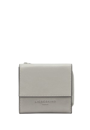 Graue Leder-Geldbörse mit minimalistischem Design, quadratischer Form, feiner Naht und geprägtem "LIEBESKIND BERLIN"-Logo auf der Vorderseite.