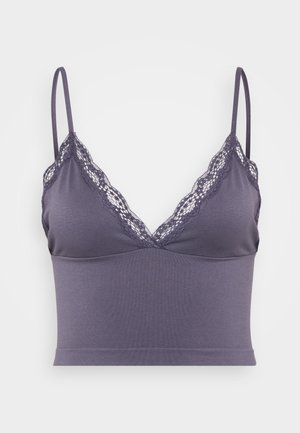 Grijze bralette met verstelbare bandjes, kantafwerking langs de V-hals, zachte jersey stof en een getailleerd ontwerp.