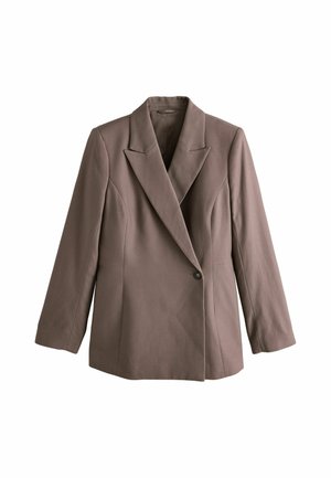 Einreihiges taupefarbenes Blazer-Jackett mit breiten Revers und langen Ärmeln auf schlichtem weißem Hintergrund.