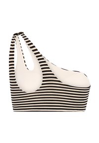 Juodos ir baltos horizontalios juostelės sportinė liemenėlė ant vieno peties su išpjova nugaroje, tampri medžiaga ir be siūlių dizainu.