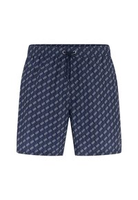 Costumi da bagno navy con un motivo bianco ripetuto, vita elasticizzata e cordoncino. Realizzati in tessuto leggero, offrono una vestibilità confortevole.