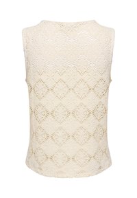 Haut sans manches beige en dentelle avec des motifs floraux et en forme de losange crochetés complexes, vu de dos sur fond blanc.