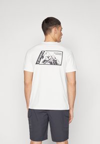 Tricou alb cu un grafic al unui munte negru și textul "Muntii Scandinaviei" pe spate. Mâneci scurte, design cu guler rotund.