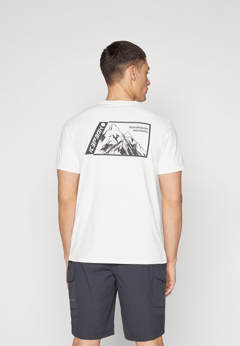 Tricou alb cu un grafic al unui munte negru și textul "Muntii Scandinaviei" pe spate. Mâneci scurte, design cu guler rotund.