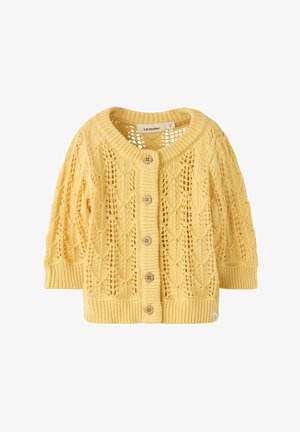 Cardigan bébé tricoté jaune avec motifs torsadés et dentelle, boutons en bois sur le devant, poignets et ourlet côtelés.