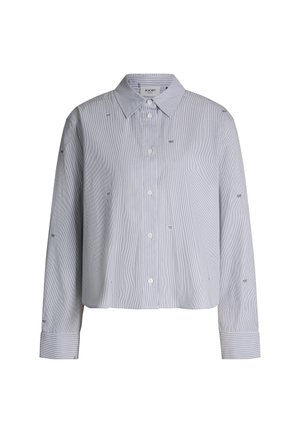 Camicia a righe blu chiaro e bianca, con maniche lunghe, colletto classico e ricamo minimalista sul tessuto.