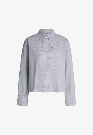 Camicia a righe blu chiaro e bianca, con maniche lunghe, colletto classico e ricamo minimalista sul tessuto.