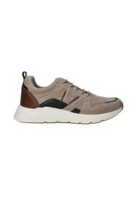 Sneaker in suede beige con tallone in pelle marrone, dettagli neri e suola in gomma bianca. Presentano cuciture evidenti e un design testurizzato.