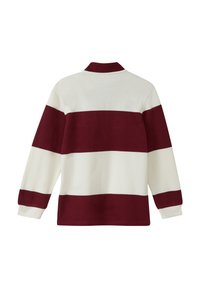 Pullover mit einem Kragen, der abwechselnd kastanienbraune und cremefarbene Streifen aufweist. Strickstruktur, lange Ärmel mit gerippten Bündchen und Saum.