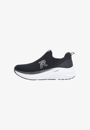 Baskets noires à enfiler avec tige en mesh respirant, semelle épaisse en mousse blanche marquée "foamtech" et languettes de tirage sur la languette et le talon.