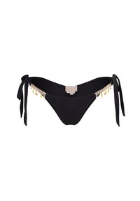 Black bikini bottoms with tie sides, featuring decorative gold chain accents and small colored beads. Smooth fabric, classic cut design.