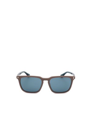 Occhiali da sole rettangolari marroni con lenti colorate di blu e piccoli accenti a forma di diamante vicino alle cerniere.