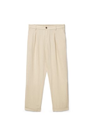 Pantaloni beige a vita alta plissettati con passanti per cintura, tasche laterali, chiusura con bottoni e orli piegati.